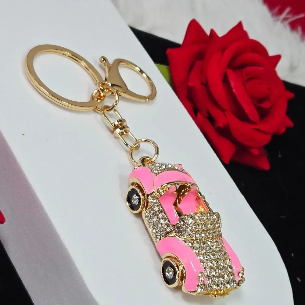 Pink Rhinestone Convertible Car Keychain Gold Bling Purse Bag Charm Car Girl